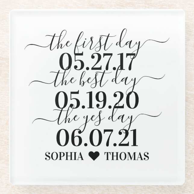 First Day Best Day Yes Day Wedding Date Gift  Glass Coaster (Front)