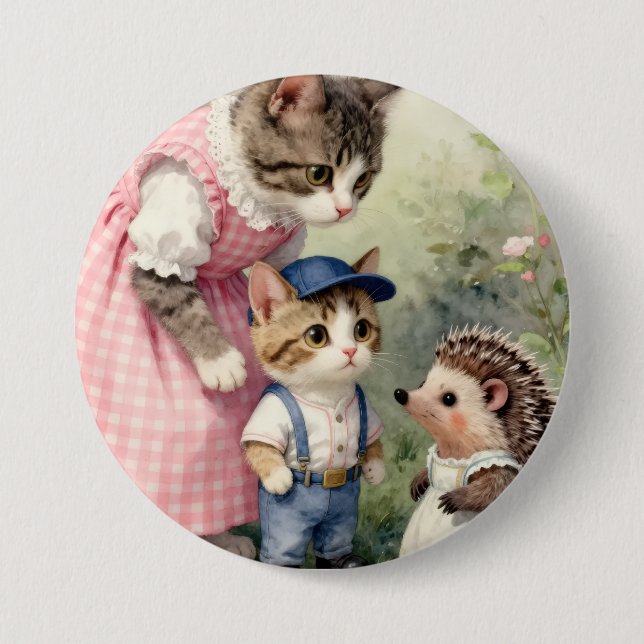 First Day Greetings –  Kitten & Hedgehog 7.5 Cm Round Badge (Front)
