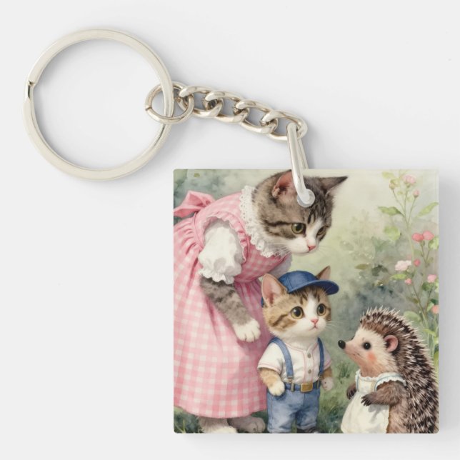 First Day Greetings –  Kitten & Hedgehog Key Ring (Front)