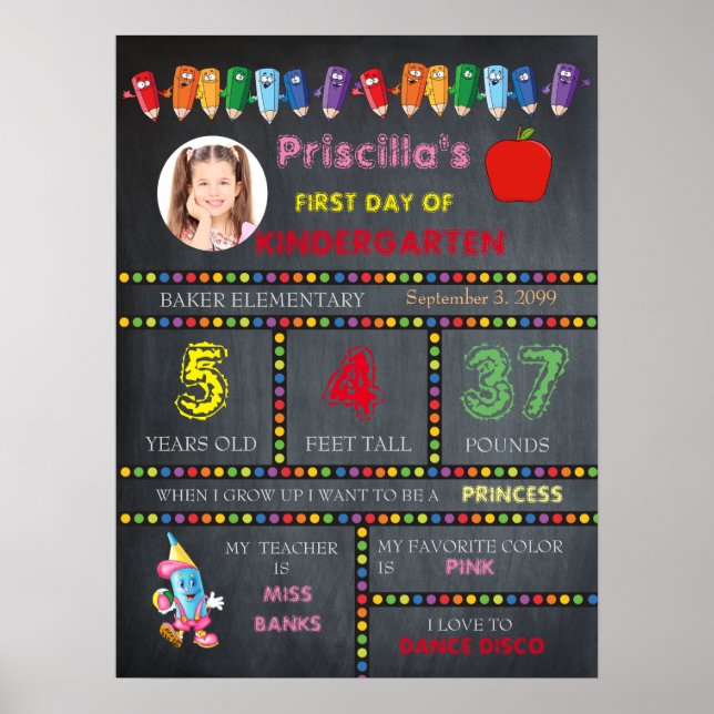 First Day Kindergarten girl,chalkboard sign,photo, Poster (Front)