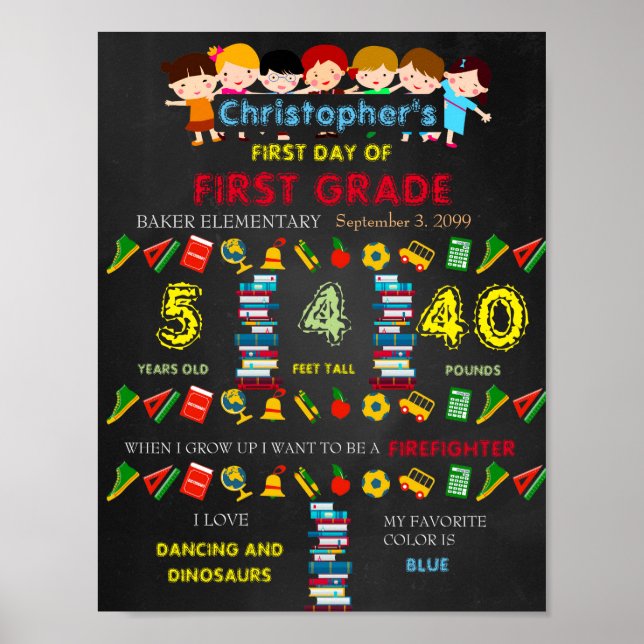 First Day of FIRST GRADE Sign BOY, Black & colours (Front)