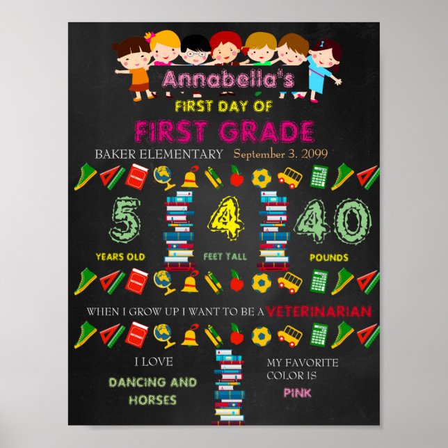 First Day of FIRST GRADE Sign GIRL,Black & colours (Front)