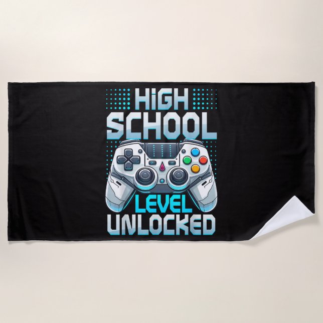 First Day of High School Level Unlocked Beach Towel (Front)