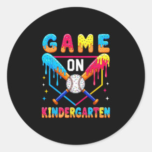 First day of kindergarten baseball drip for boys classic round sticker
