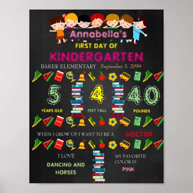 First Day of Kindergarten Sign GIRL,Black & (Front)