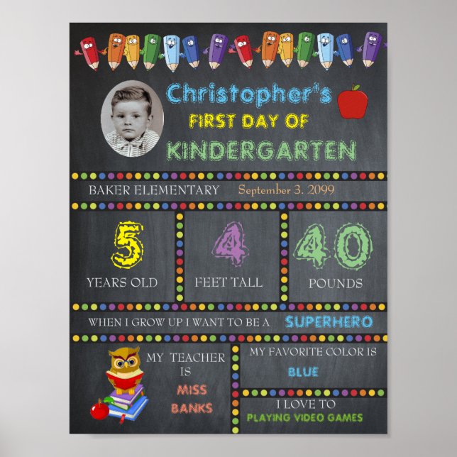 First Day of Kindergarten Sign PHOTO, Chalkboard (Front)