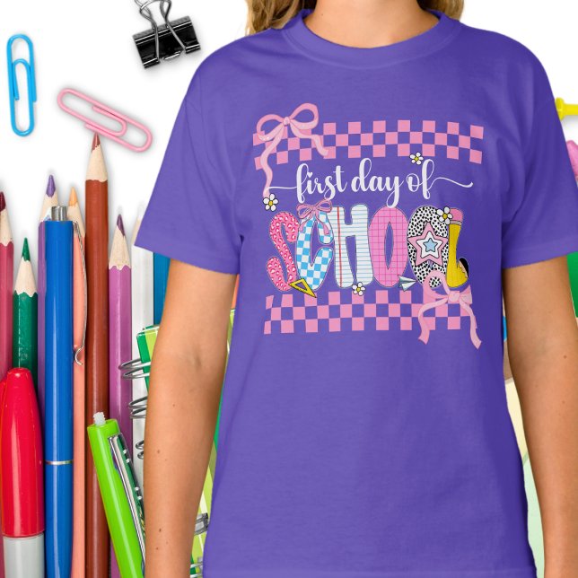 First Day of School Chequered Coquette Bow Preppy T-Shirt (Creator Uploaded)