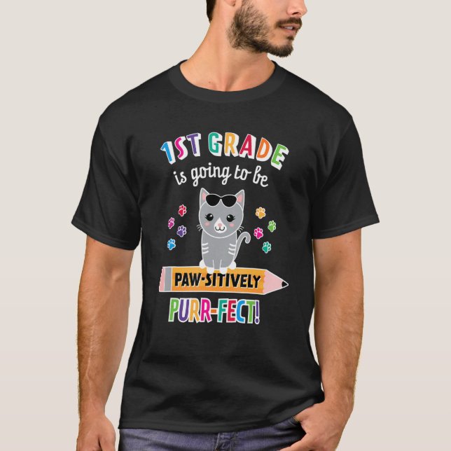 First Day of School First Grade Back to School Cat T-Shirt (Front)