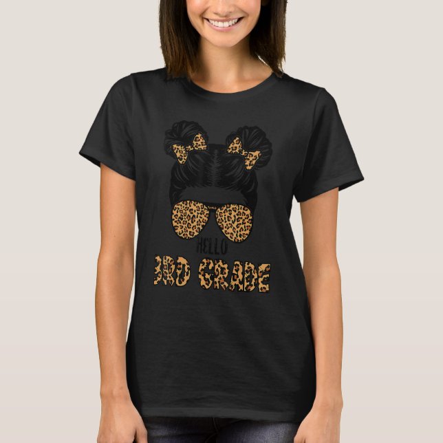First Day Of School Hello 3rd Grade Leopard Messy  T-Shirt (Front)