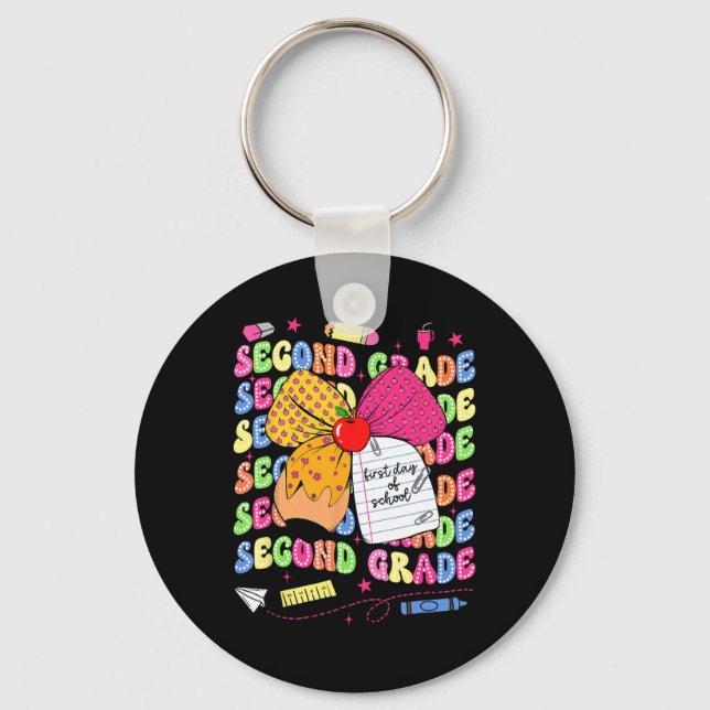 First Day Of School Second Grade Bow Pencil Back T Key Ring (Front)
