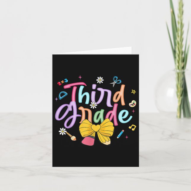 First Day Of Third Grade Coquette Bow Pencil Teach Card (Front)