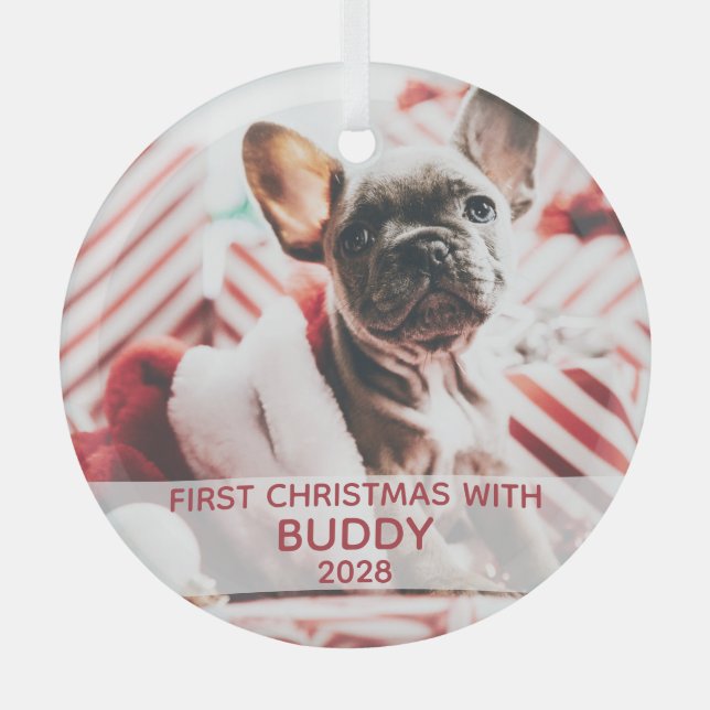 First dog Christmas photo & name cute Glass Tree Decoration (Front)