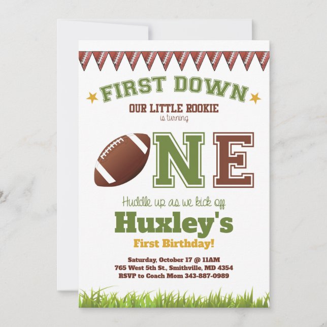First Down First Birthday Football Invitation (Front)