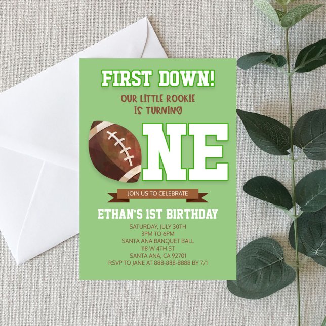 First Down Football Green ONE 1st Birthday Party  Invitation (Creator Uploaded)