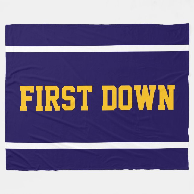 FIRST DOWN Orange Text White Stripes On Navy Blue Fleece Blanket (Front (Horizontal))
