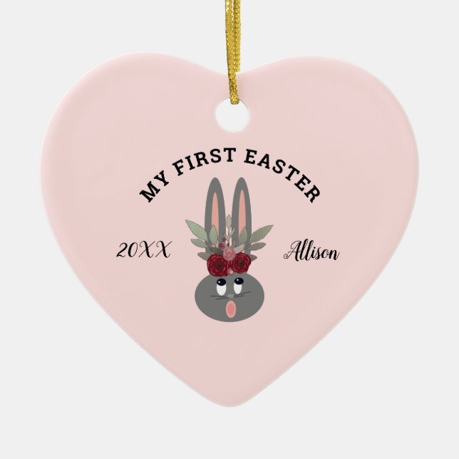 First Easter Baby Girl Bunny Pink Personalised Ceramic Tree Decoration (Front)
