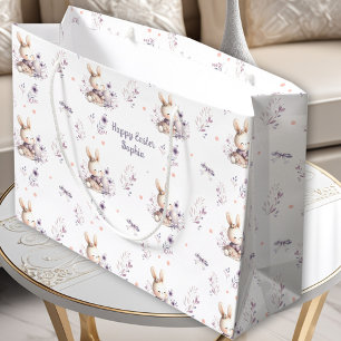 First Easter Girl Bunny Personalised Name Purple Large Gift Bag