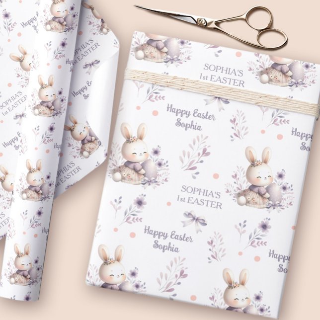 First Easter Girl Bunny Personalised Name Purple Wrapping Paper (First Easter Girl Bunny Personalized Name Purple Wrapping Paper)