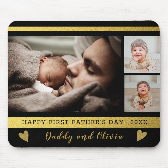 First Father's Day 3 Photo Collage Black And Gold Mouse Pad (Front)