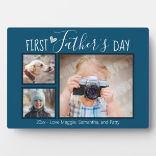 First Fathers Day 3 Photo Collage Blue Plaque