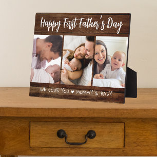 First Father's Day 3 Photo Collage Dark Wood Plaque