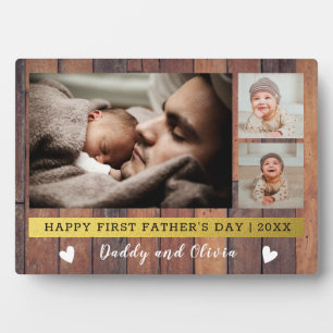 First Father's Day 3 Photo Collage Rustic Wood Plaque
