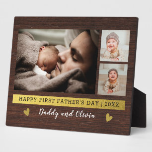 First Father's Day 3 Photo Collage Rustic Wood Plaque
