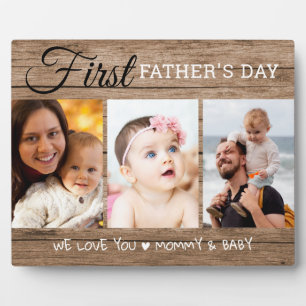 First Father's Day 3 Photo Collage Rustic Wood Plaque