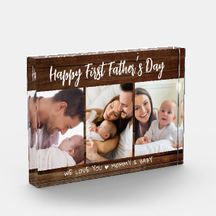First Father's Day 3 Picture Collage Dark Wood Photo Block