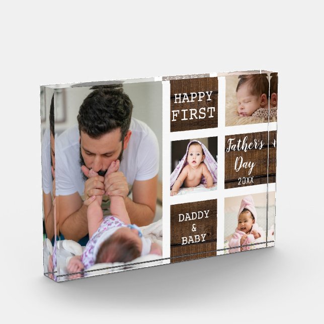First Father's Day 4 Photo Collage Brown Wood Block (Left)