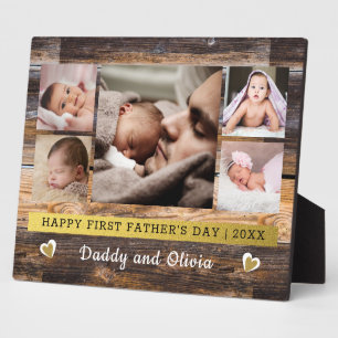  First Father's Day 5 Photo Collage Brown Wood   Plaque