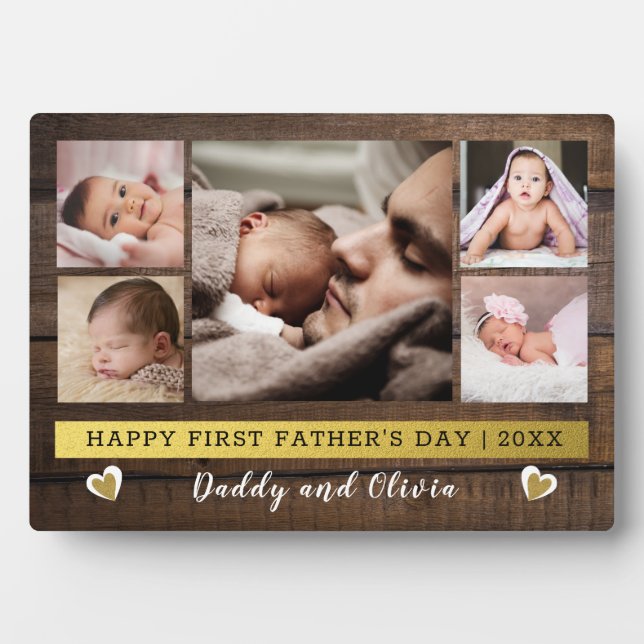  First Father's Day 5 Photo Collage Dark Wood Plaque (Front)