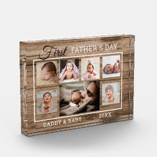 First Father's Day 7 Photo Collage Rustic Wood Block