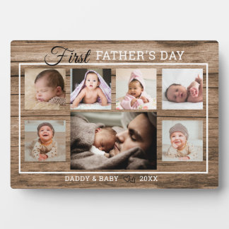 First Father's Day 7 Photo Collage Rustic Wood Plaque