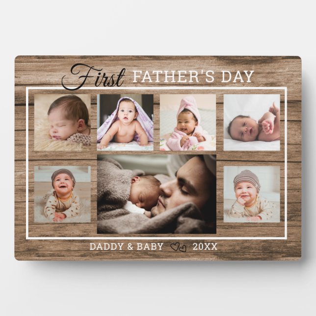 First Father's Day 7 Photo Collage Rustic Wood Plaque (Front)