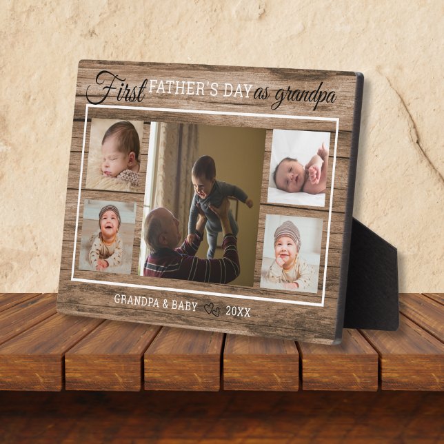 First Father's Day As Grandpa 5 Photo Collage Wood Plaque (Creator Uploaded)