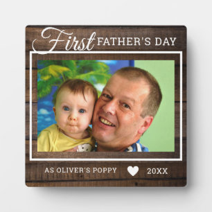 First Father's Day As Poppy Rustic Wood Photo Plaque