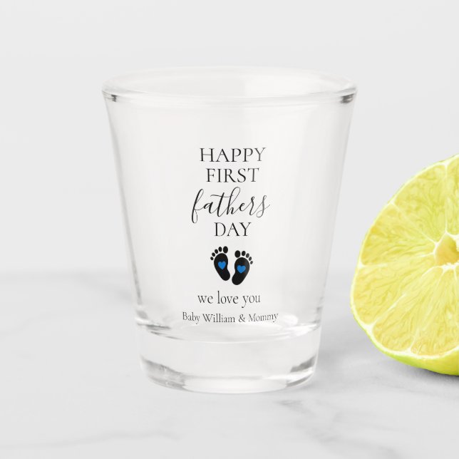 First Father's Day – Baby Footprints & Blue Hearts Shot Glass (Front)