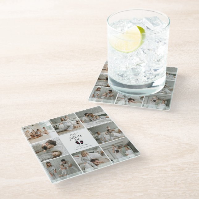 First Father's Day – Baby Footprints & Pink Hearts Glass Coaster (Angled)