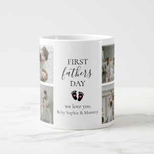 First Father's Day – Baby Footprints & Pink Hearts Large Coffee Mug