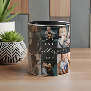 First Father's Day Black Woodgrain Photo Collage Mug