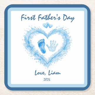 First Father's Day Blue Watercolor Heart Footprint Square Paper Coaster
