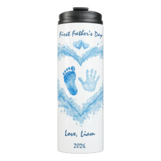 First Father's Day Blue Watercolor Heart Tumbler