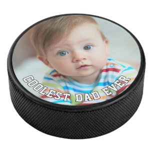 First Fathers Day Coolest Dad Ever Baby Photo Cool Hockey Puck