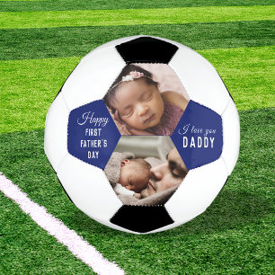 First Father's Day Daddy Baby 2 Photo Collage Blue Soccer Ball