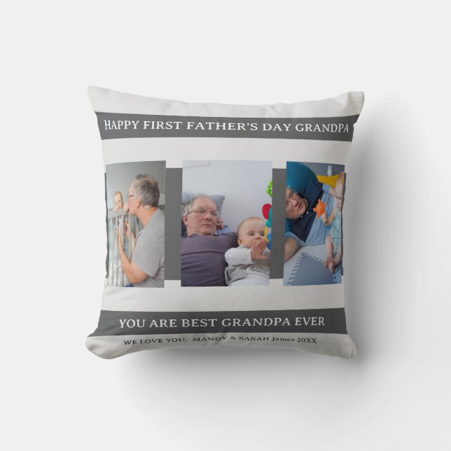First Fathers Day Grandpa Custom Photos & Message  Cushion (Front)