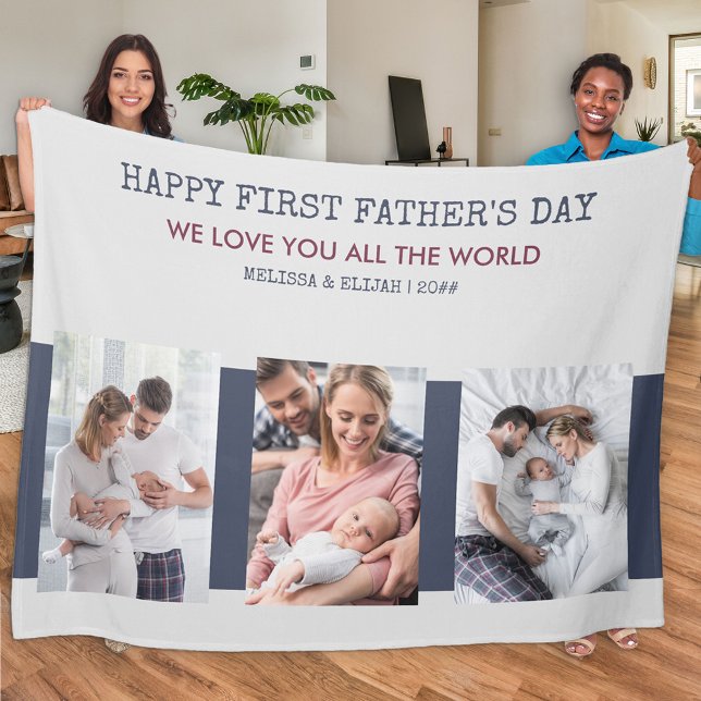 First Fathers Day Grey and Blue 3 Photo Fleece Blanket (Creator Uploaded)