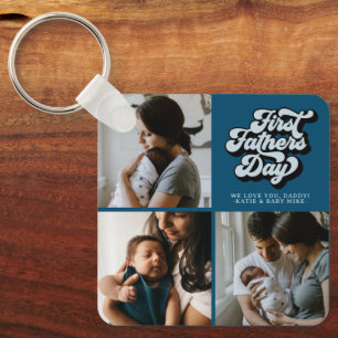 First Fathers Day Groovy Retro Three Photo   Blue Key Ring
