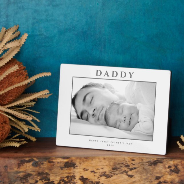 First Father's Day Muted Gray Personalized Plaque (Easily personalize this elegant photo name plaque for a very special gift he'll treasure.)