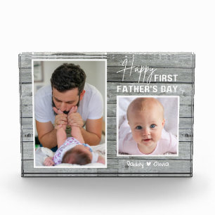 First Father's Day New Dad 2 Photo Gray Wood   Pla Block